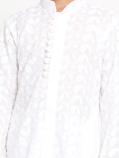 Boy's White Embroidered Kurta With Pyjama Set