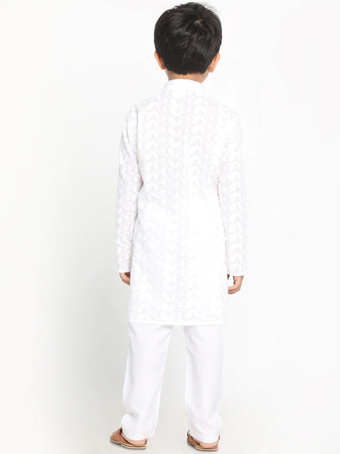 Boy's White Embroidered Kurta With Pyjama Set