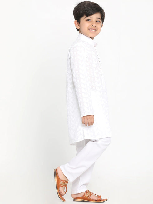 Boy's White Embroidered Kurta With Pyjama Set