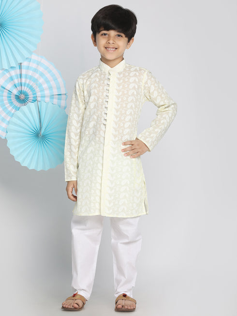 Boys Yellow And White Kurta Pyjama Set