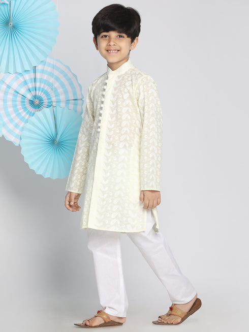 Boys Yellow And White Kurta Pyjama Set