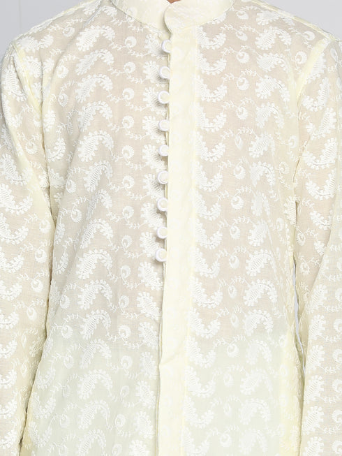 Boys Yellow And White Kurta Pyjama Set