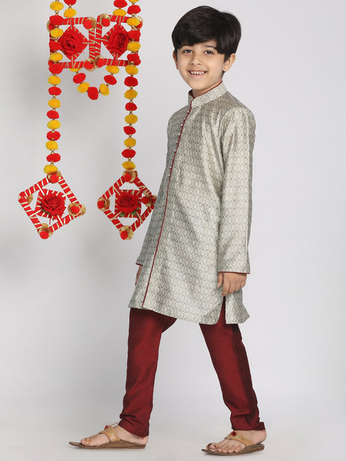 Boy's' Grey And Maroon Jacquard Kurta Pyjama Set