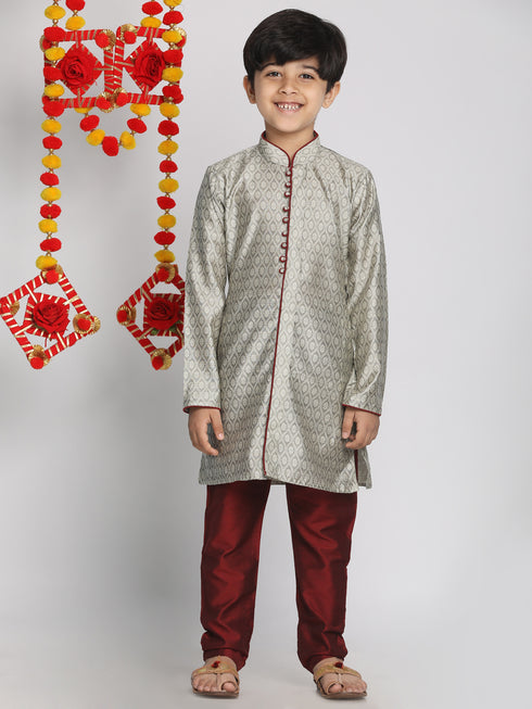 Boy's' Grey And Maroon Jacquard Kurta Pyjama Set