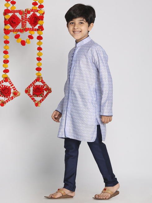 Boy's' Lavender And Navy Blue Jacquard Kurta Pyjama Set