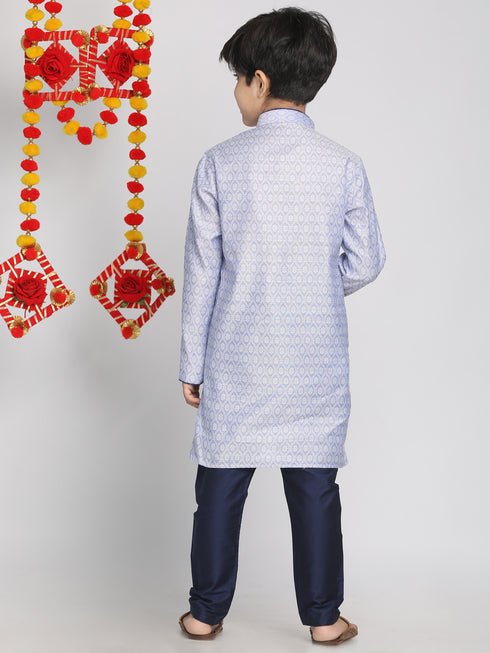Boy's' Lavender And Navy Blue Jacquard Kurta Pyjama Set