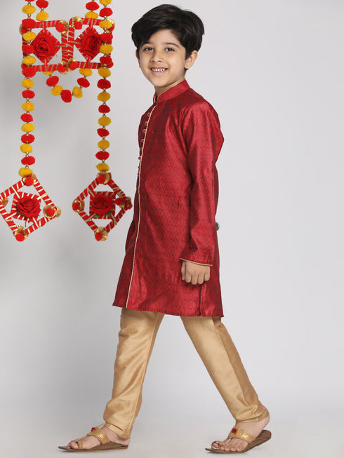 Boy's' Maroon And Rose Gold Jacquard Kurta Pyjama Set