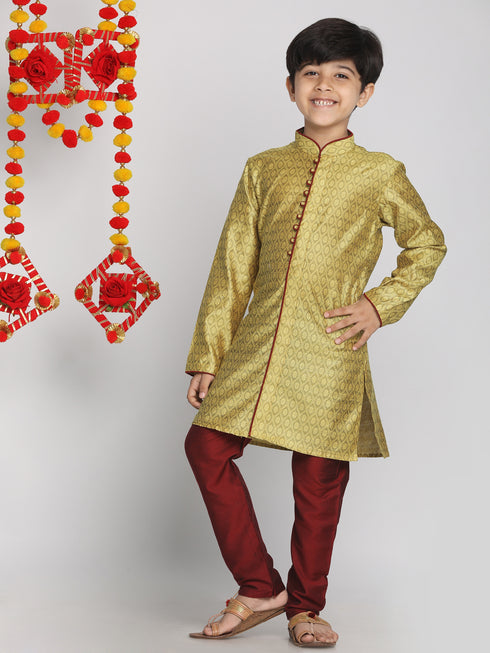 Boy's' Yellow And Maroon Jacquard Kurta Pyjama Set