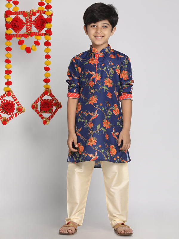Boy's' Multicolor-Base-Navy Blue Kurta And Pyjama Set With Leheria Border