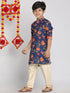 Boy's' Multicolor-Base-Navy Blue Kurta And Pyjama Set With Leheria Border