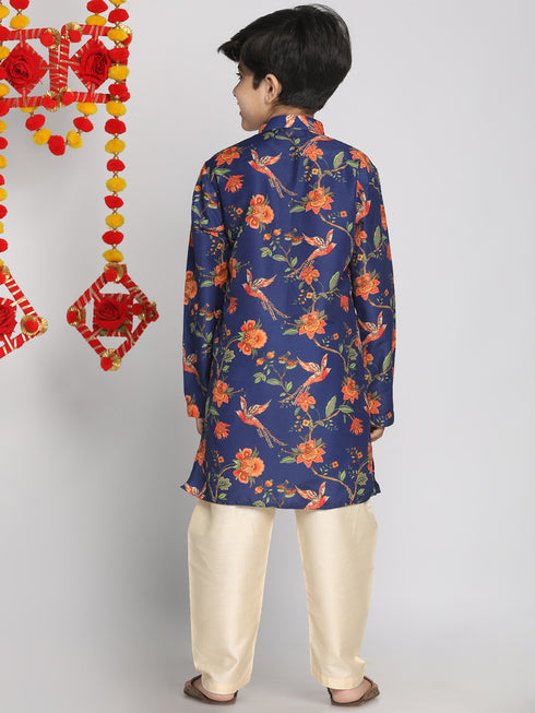 Boy's' Multicolor-Base-Navy Blue Kurta And Pyjama Set With Leheria Border