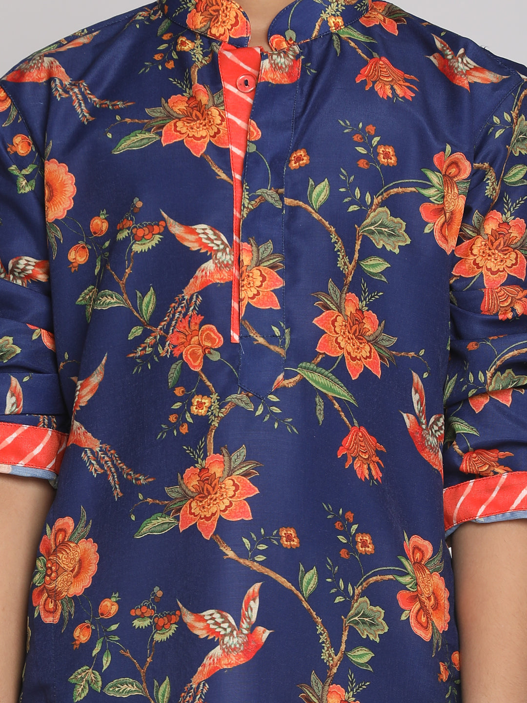 Boy's' Multicolor-Base-Navy Blue Kurta And Pyjama Set With Leheria Border