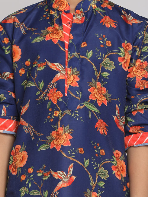 Boy's' Multicolor-Base-Navy Blue Kurta And Pyjama Set With Leheria Border