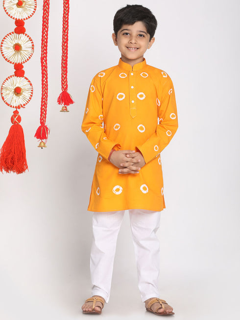 Boy's' Orange And White Kurta Pyjama Set