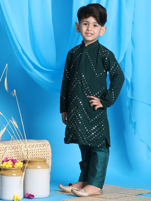Boy's' Green Mirror Kurta Pyjama Set