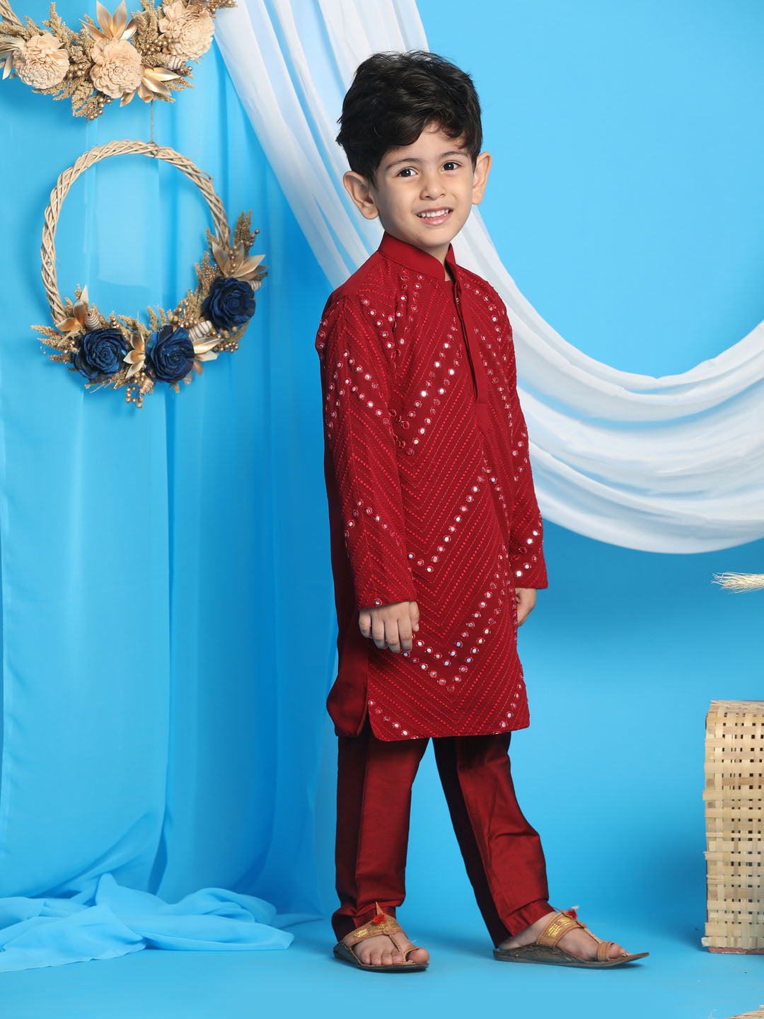 Boy's' Maroon Mirror Kurta Pyjama Set