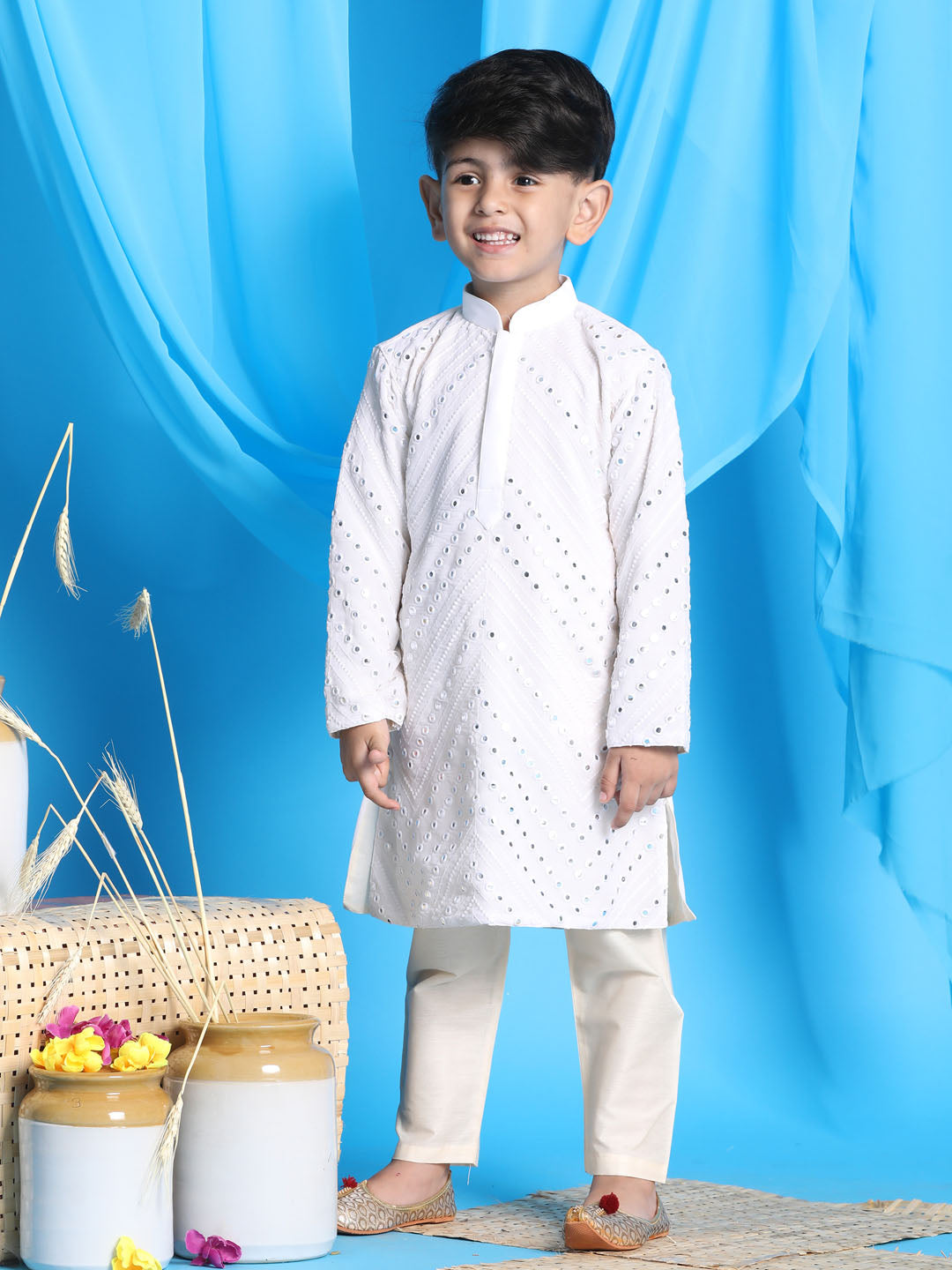 Boy's' White Mirror Kurta Pyjama Set