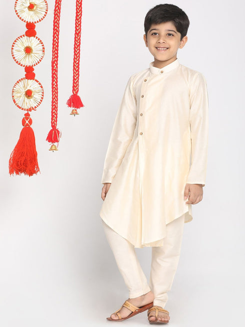 Boy's Cream Color Angrakha Kurta With Pyjama Set