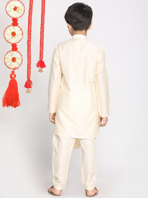 Boy's Cream Color Angrakha Kurta With Pyjama Set