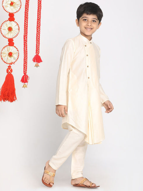 Boy's Cream Color Angrakha Kurta With Pyjama Set