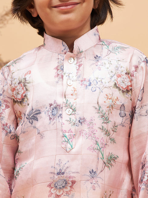 Boy's Pink Floral Printed Silk Blend Kurta Pyjama Set