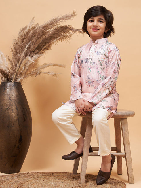 Boy's Pink Floral Printed Silk Blend Kurta Pyjama Set