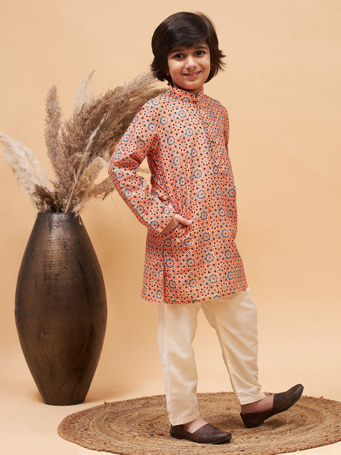 Boy's Orange Printed Kurta And Cream Pyjama Set