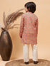 Boy's Orange Printed Kurta And Cream Pyjama Set