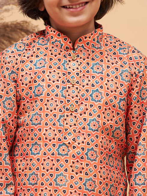 Boy's Orange Printed Kurta And Cream Pyjama Set