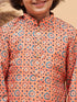 Boy's Orange Printed Kurta And Cream Pyjama Set
