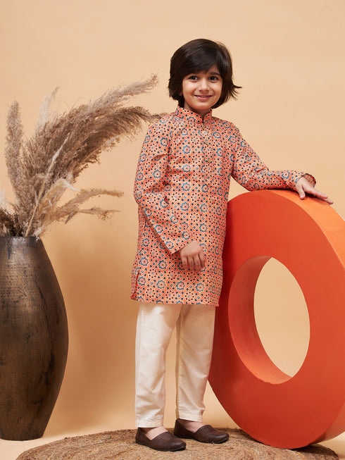 Boy's Orange Printed Kurta And Cream Pyjama Set