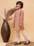 Boy's Orange Printed Kurta And Cream Pyjama Set