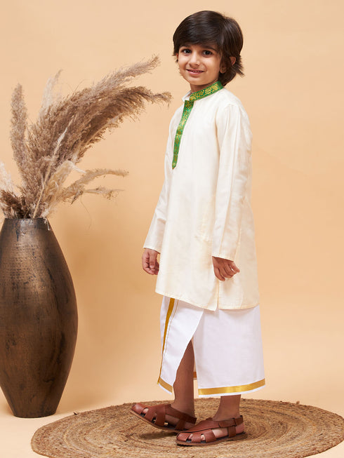 Boy's' Green And White Kurta With Mundu Set