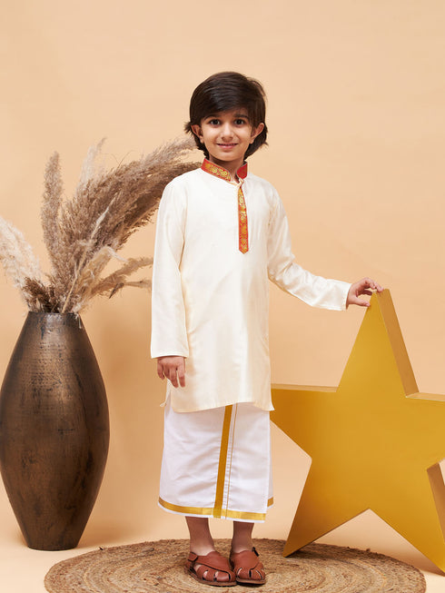 Boy's' Maroon And White Kurta With Mundu Set