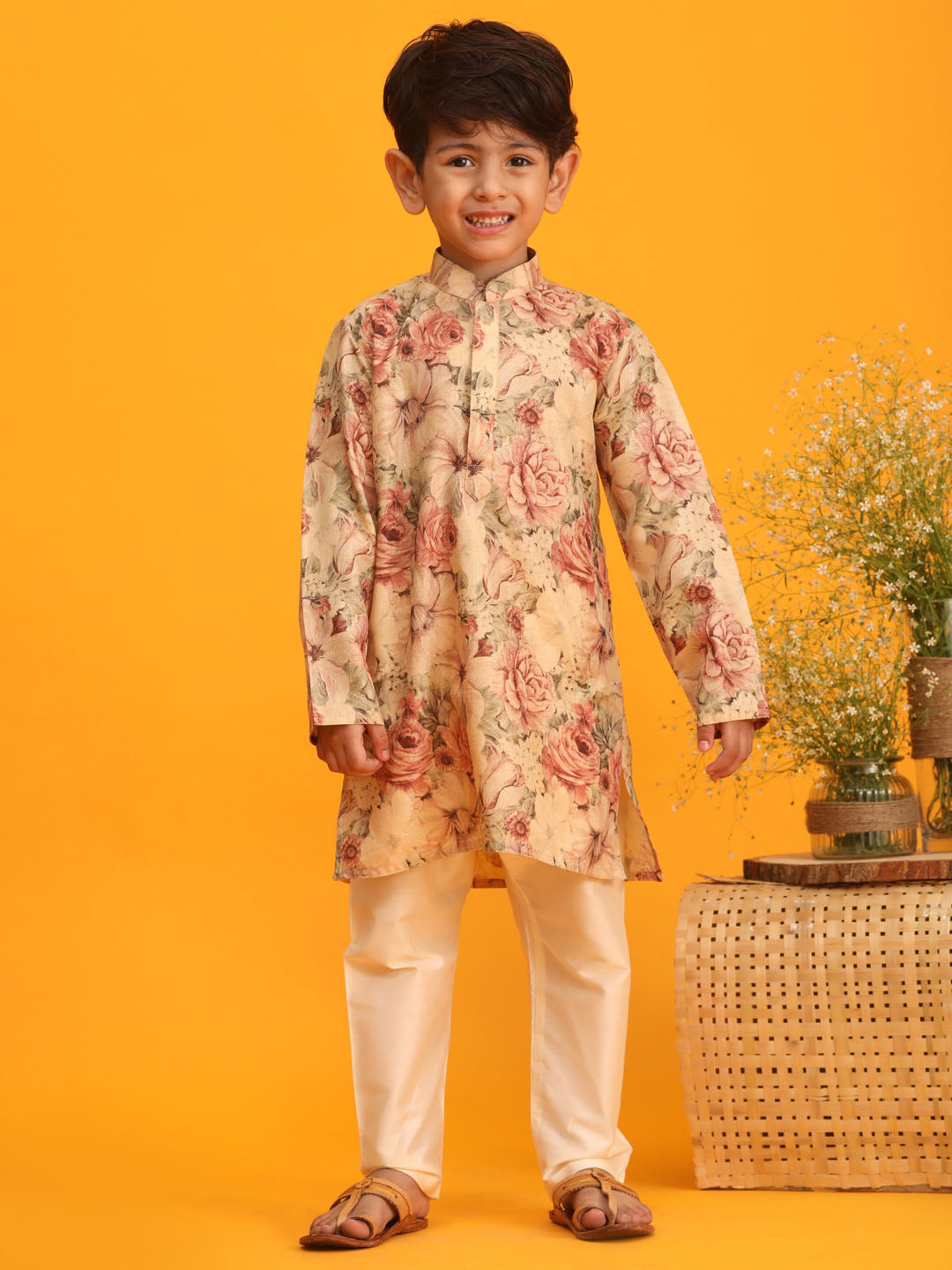Boy's Beige Floral Printed Kurta Pyjama Set
