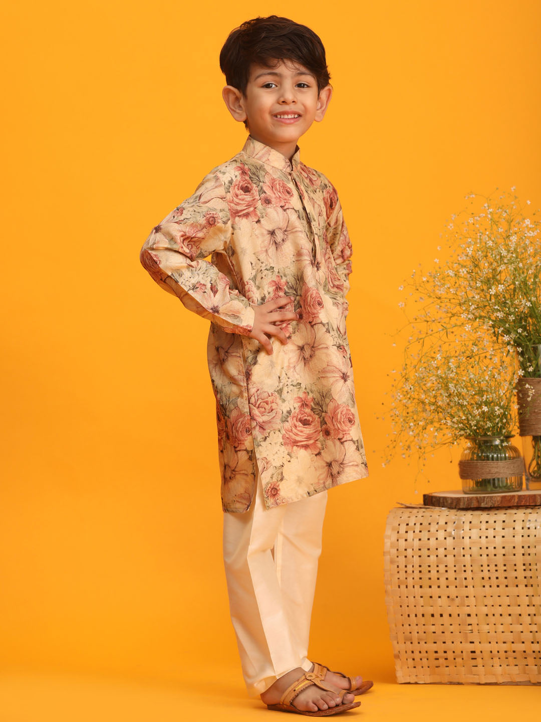 Boy's Beige Floral Printed Kurta Pyjama Set