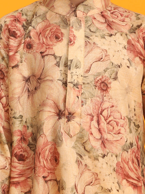 Boy's Beige Floral Printed Kurta Pyjama Set