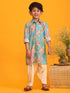 Boy's Aqua Blue Floral Printed Kurta With Cream Solid Patiala Set