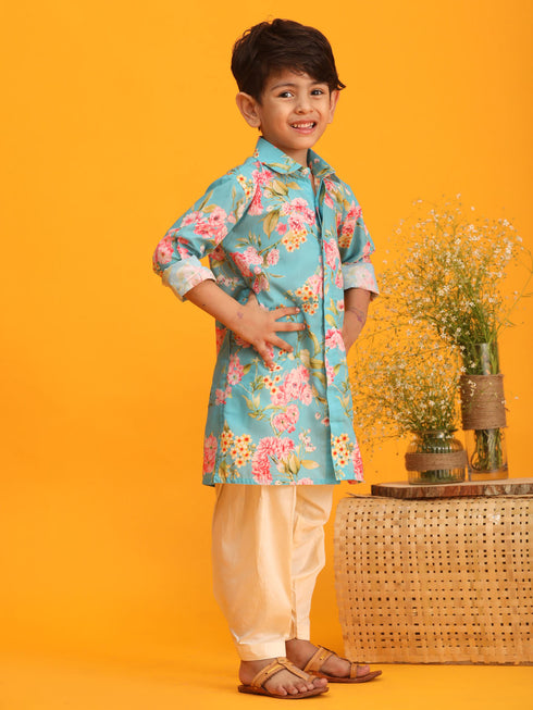Boy's Aqua Blue Floral Printed Kurta With Cream Solid Patiala Set