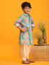 Boy's Aqua Blue Floral Printed Kurta With Cream Solid Patiala Set