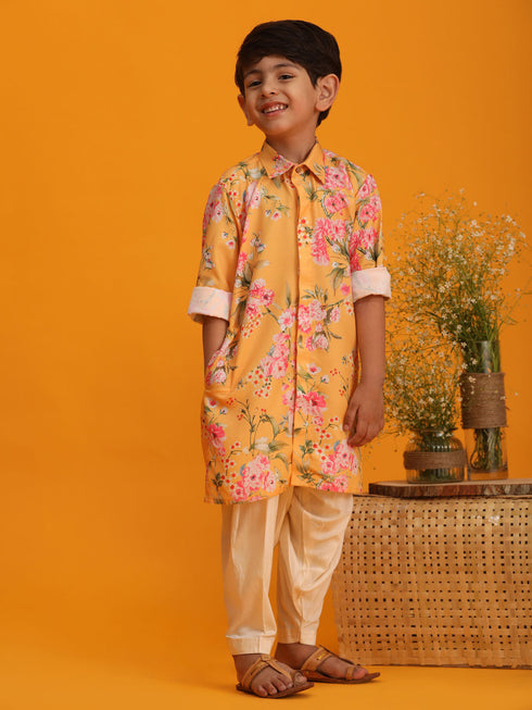 Boy's Yellow Floral Printed Kurta With Cream Solid Patiala Set