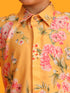 Boy's Yellow Floral Printed Kurta With Cream Solid Patiala Set