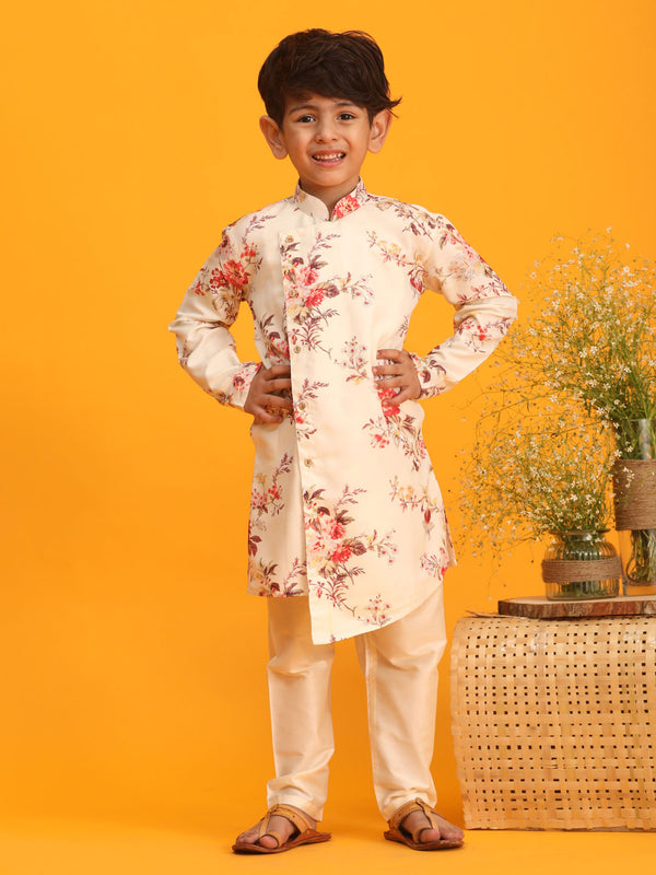 Boy's Yellow Floral Printed Angrakha Kurta With Cream Solid Pyjama Set
