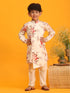 Boy's Yellow Floral Printed Angrakha Kurta With Cream Solid Pyjama Set