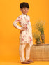 Boy's Yellow Floral Printed Angrakha Kurta With Cream Solid Pyjama Set