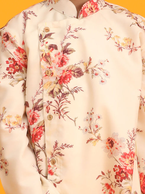 Boy's Yellow Floral Printed Angrakha Kurta With Cream Solid Pyjama Set