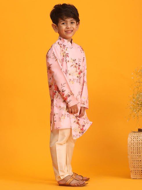 Boy's Pink Floral Printed Angrakha Kurta With Cream Solid Pyjama Set