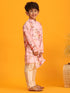 Boy's Pink Floral Printed Angrakha Kurta With Cream Solid Pyjama Set