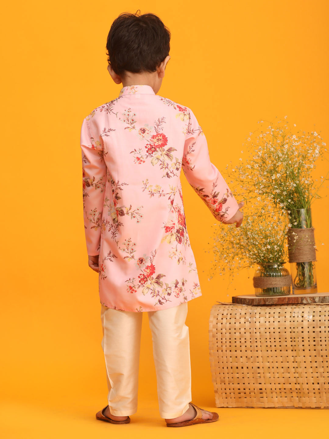 Boy's Pink Floral Printed Angrakha Kurta With Cream Solid Pyjama Set