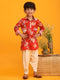 Boy's Red Floral Printed Kurta With Cream Solid Pyjama Set